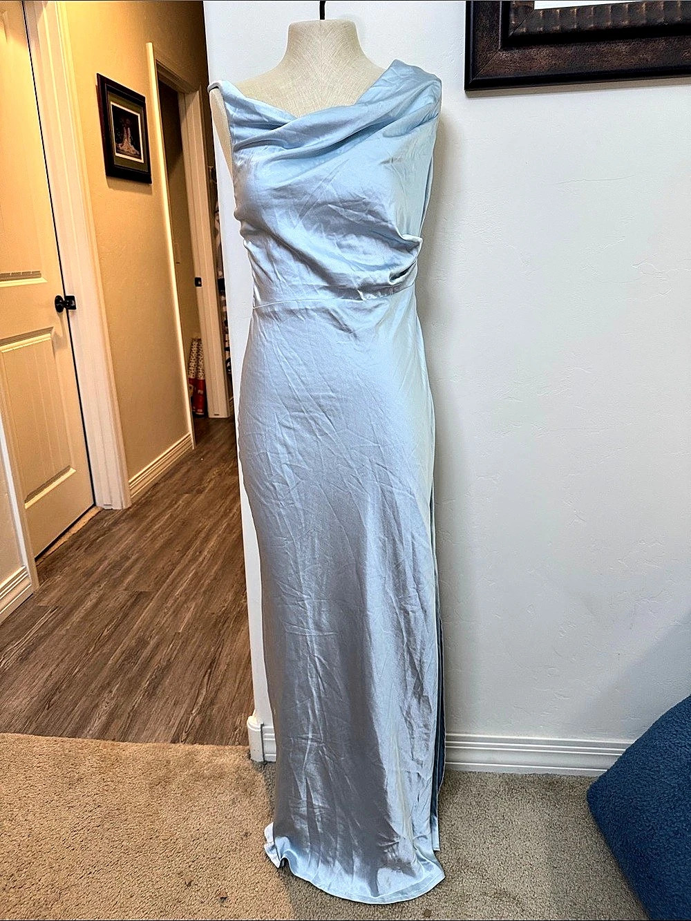 Gorgeous Selfie Leslie Ruched Satin Maxi Dress in Blue Size Large NWT